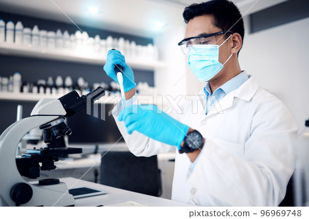 Covid, research and scientist in a lab for a test, science innovation and medical development for future. Chemical analysis, healthcare study and worker with an investigation on a virus and face mask Covid, research and scientist in a lab for a test, science innovation and medical development for future. Chemical analysis, healthcare study and worker with an investigation on a virus and face mask 96969748