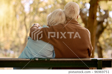 Relax, hug and love with old couple in park for happiness, marriage and calm. Peace, nature and retirement with man embracing woman on bench for affectionate, bonding and wellness date together Relax, hug and love with old couple in park for happiness, marriage and calm. Peace, nature and retirement with man embracing woman on bench for affectionate, bonding and wellness date together 96969751