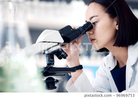 Microscope, scientist or woman with research, medical cure or check sample data in laboratory. Asian female, researcher or employee analyzing result, scientific method or lab equipment for innovation Microscope, scientist or woman with research, medical cure or check sample data in laboratory. Asian female, researcher or employee analyzing result, scientific method or lab equipment for innovation 96969753
