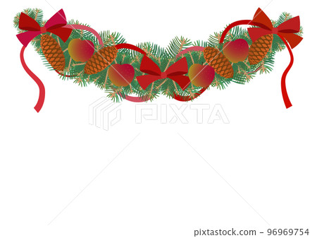 Christmas decoration with spruce branches, pine cones, apples and red ribbon Christmas decoration with spruce branches, pine cones, apples and red ribbon 96969754