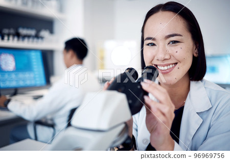 Laboratory scientist, face or microscope in medical research, healthcare medicine study or Japanese medical pharmacy. Portrait, smile or happy asian woman with science equipment in future engineering 96969756