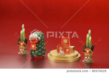 紅色背景上的福袋、舞獅和門松/首次銷售/新年銷售/複製空間的背景材料 96970026