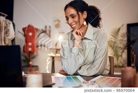 Ecommerce, smile and fashion, black woman designer in creative studio for clothing manufacturing and online sale. Fabric, design and woman startup owner happy with internet sales at home office desk. Ecommerce, smile and fashion, black woman designer in creative studio for clothing manufacturing and online sale. Fabric, design and woman startup owner happy with internet sales at home office desk. 96970064
