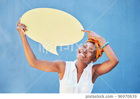 Speech bubble, smile or black woman with mock up for advertising, marketing or communication feedback with blue background. Happy, announcement sign or girl for brand vote, voice opinion or review Speech bubble, smile or black woman with mock up for advertising, marketing or communication feedback with blue background. Happy, announcement sign or girl for brand vote, voice opinion or review 96970639