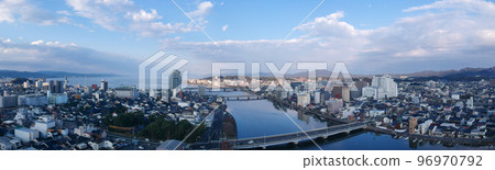 Panoramic town scenery of Matsue city in Shimane prefecture in autumn taken by aerial photography 96970792