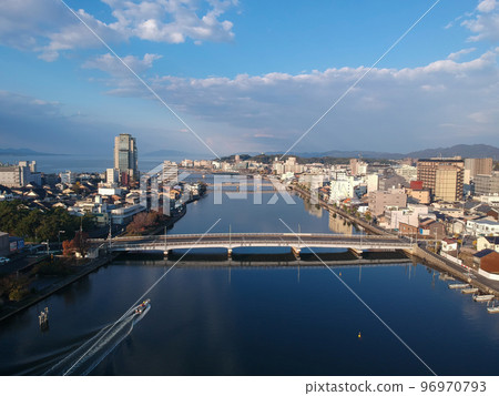 Panoramic town scenery of Matsue city in Shimane prefecture in autumn taken by aerial photography 96970793