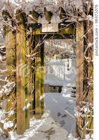 Wooden gate in snow. Winter in residential area on sunny day Wooden gate in snow. Winter in residential area on sunny day 96971076