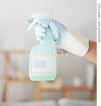 Cleaning, spray bottle and hands of woman in home for bacteria, safety and sanitary. Hygiene, chemicals and housekeeping service with cleaner and disinfection product for germs, dirt and domestic Cleaning, spray bottle and hands of woman in home for bacteria, safety and sanitary. Hygiene, chemicals and housekeeping service with cleaner and disinfection product for germs, dirt and domestic 96971123