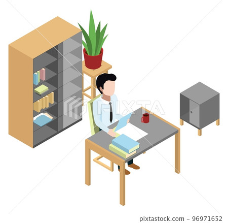 Isometric office workplace. Man working at desk with documents Isometric office workplace. Man working at desk with documents 96971652