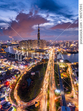 Aerial view Skyscrapers flying by drone of Ho Chi Minh City, Vietnam Aerial view Skyscrapers flying by drone of Ho Chi Minh City, Vietnam 96972691