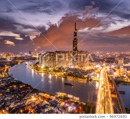Aerial view Skyscrapers flying by drone of Ho Chi Minh City, Vietnam Aerial view Skyscrapers flying by drone of Ho Chi Minh City, Vietnam 96972693