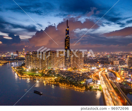 Aerial view Skyscrapers flying by drone of Ho Chi Minh City, Vietnam Aerial view Skyscrapers flying by drone of Ho Chi Minh City, Vietnam 96972696