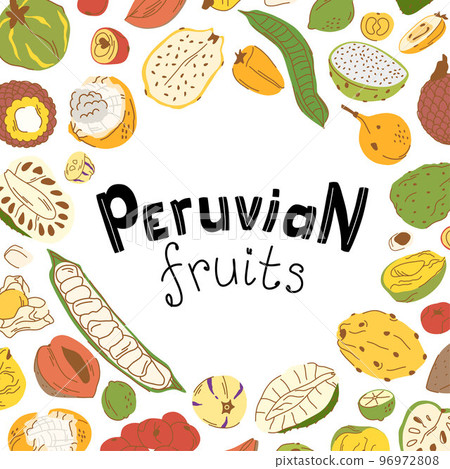 Square lettering peruvian fruits on a white background with fruits and seeds. Square lettering peruvian fruits on a white background with fruits and seeds. 96972808