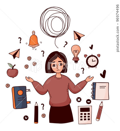 Business collection. Thoughtful sad girl with confused thoughts. Near money, calculator, book, notepad and pencils Isolated vector colored doodles. Solving problems and business tasks and idea search. Business collection. Thoughtful sad girl with confused thoughts. Near money, calculator, book, notepad and pencils Isolated vector colored doodles. Solving problems and business tasks and idea search. 96974496