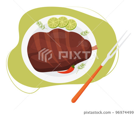Mexican popular meat food. Roasted Pork Leg Grilled. Big leg grilled in plate with lime slices and chili peppers. View from above. Vector illustration of Latin American national dish. Mexican popular meat food. Roasted Pork Leg Grilled. Big leg grilled in plate with lime slices and chili peppers. View from above. Vector illustration of Latin American national dish. 96974499