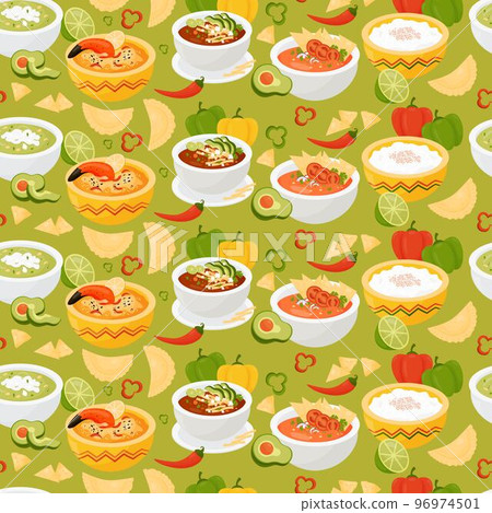 Seamless pattern with Mexican food. Tomato soup with tortilla chips, green avocado soup, rice pudding and Hot crab pie on green background with Empanada and chili peppers. Vector illustration. Seamless pattern with Mexican food. Tomato soup with tortilla chips, green avocado soup, rice pudding and Hot crab pie on green background with Empanada and chili peppers. Vector illustration. 96974501