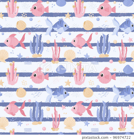 Seamless pattern with different fish, algae and shells. Cute ocean characters. Underwater Marine animals, algae, bubbles, seashells.Cartoon vector illustrations on a white background with blue stripes 96974722