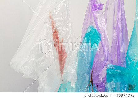 Close up hanging plastic bags with herbs. Isolated on white. 96974772