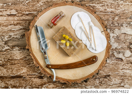 Top view accessories for spa treatment. Cotton pads with earsticks. 96974822