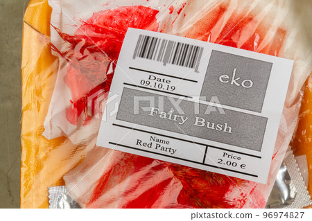 Close up of label on a bloody plastic pack. Waste sorting concept. 96974827