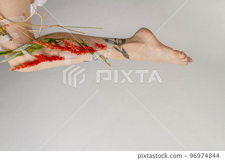 Womans leg with colored herbs on white background. Copy space white background. 96974844