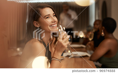 Happy, dinner party and woman with glass of champagne for special celebration event, friendship reunion or New Year. Fine dining restaurant, friends and elegant girl with alcohol drink to celebrate 96974888