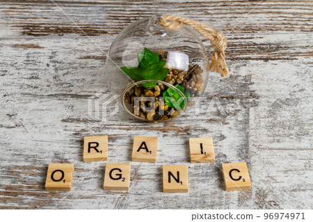 Round glass sphere with word organic made of wooden cubes. Gray desk background. 96974971
