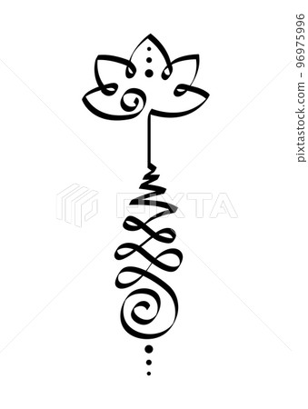 Unalome lotus flower symbol, Hindu or Buddhist sign representing path to enlightenment. Yantras Tattoo icon. Simple black and white ink drawing, isolated vector illustration Unalome lotus flower symbol, Hindu or Buddhist sign representing path to enlightenment. Yantras Tattoo icon. Simple black and white ink drawing, isolated vector illustration 96975996