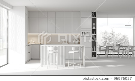 Modern white concept kitchen and dining room interior with furniture and kitchenware, grey, black and white kitchen interior background, luxury kitchen, 3d rendering 96976037