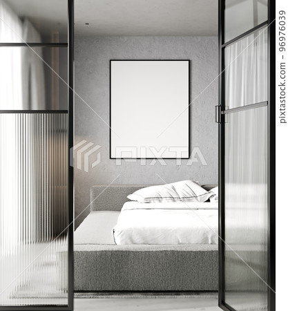 Bedroom interior space with mock up big poster on concrete background wall, 3d render, 3d illustration. 96976039