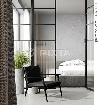 White gray bedroom interior with glass door, black armchair and plants. 3d rendering mock up. White gray bedroom interior with glass door, black armchair and plants. 3d rendering mock up. 96976040