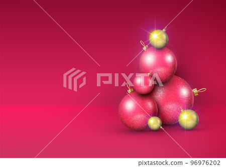 Christmas card or background with baubles composition. Shiny Christmas balls wallpaper with magenta and gold colors for winter holidays. Xmas greeting card with glass balls. Christmas card or background with baubles composition. Shiny Christmas balls wallpaper with magenta and gold colors for winter holidays. Xmas greeting card with glass balls. 96976202