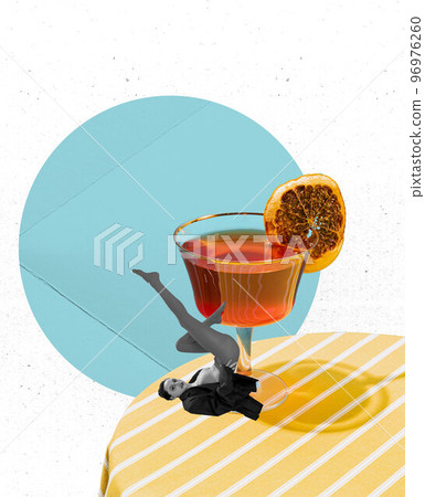 Contemporary art collage with weird girl and big cocktail glass over light abstract background with geomertic colorful shape. Party, fun, nightclub, drinks and cocktails 96976260