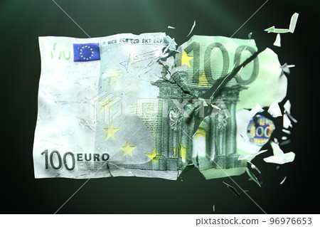 Broken Euro paper money on a green background Broken Euro paper money on a green background 96976653