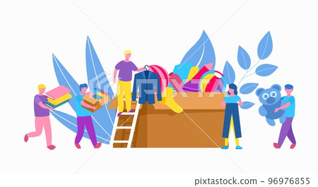 People volunteer with box of clothing donation, charity, social help in community vector illustration. Volunteering, assistance. People volunteer with box of clothing donation, charity, social help in community vector illustration. Volunteering, assistance. 96976855