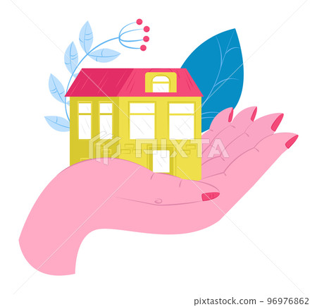 Hand holding house model vector illustration on white background. Rear residential estate 96976862