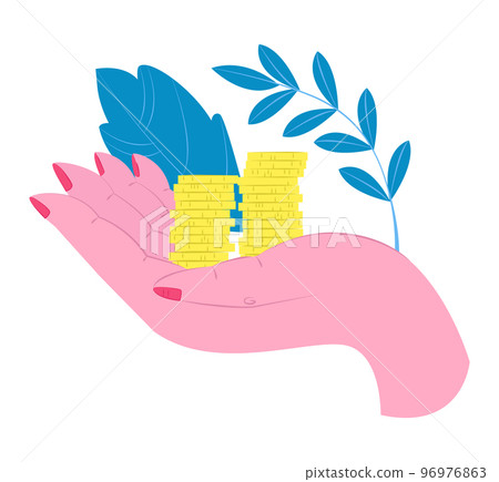 Hand holding golden coins concept on white background vector illustartion. Taxpayer or investing business concept Hand holding golden coins concept on white background vector illustartion. Taxpayer or investing business concept 96976863