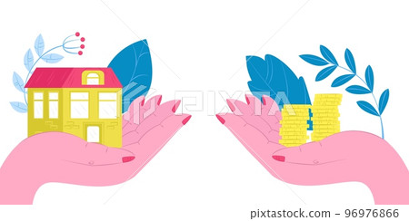 Buy house, real estate investment or housing payment vector illustration. Buying new house metaphor with home and gold coins on hands. Buy house, real estate investment or housing payment vector illustration. Buying new house metaphor with home and gold coins on hands. 96976866