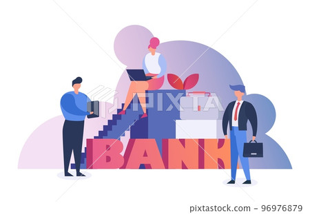 Bank people making money, finance and economy concept flat vector illustration. Businessman analysing financial money charts generated by big data. 96976879