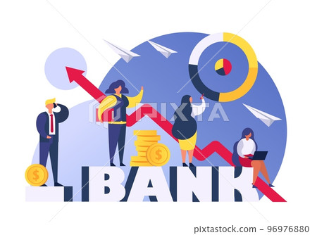 Bank people investing money, finance and economy concept flat vector illustration. Businessman with bank charts growing up, wealth. 96976880