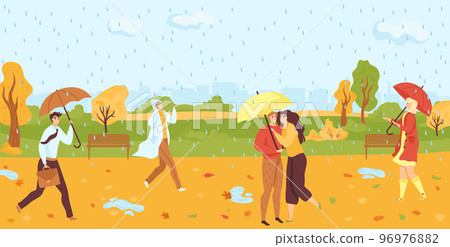 People walking under umbrellas in autumn raining park flat vector illustration. Fall season nature and outdoor activities. Autumn trees. 96976882