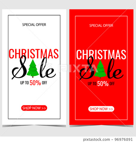 Christmas sale banner for winter shopping and discount season. Vector vertical Christmas sale poster with a pine integrated in sale inscription, with 50 percent of price discount and shop now button. 96976891