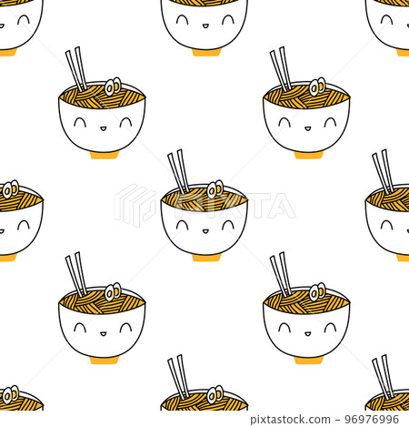Korean food pattern. Pattern bowls japanese cute noodlles. Vector background, wrapping paper, fabric in cartoon style 96976996