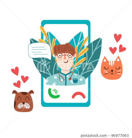Veterinarian online. Online help for pets. Animal medical diagnosis. Online consultation. Vector illustration on a white background Veterinarian online. Online help for pets. Animal medical diagnosis. Online consultation. Vector illustration on a white background 96977063
