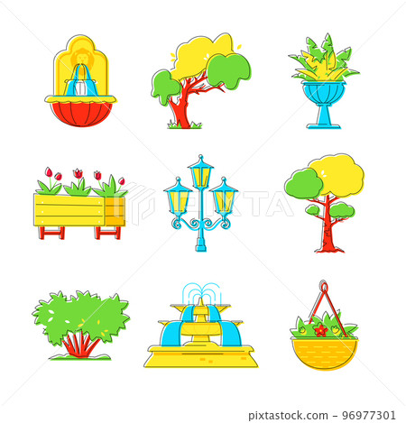 Garden decorations and nature - line design style object set Garden decorations and nature - line design style object set 96977301