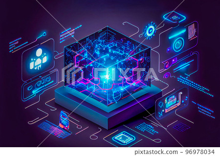 3D render of Metaverse technology background with blockchain network connections. 3D render of Metaverse technology background with blockchain network connections. 96978034