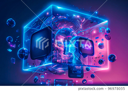 3D render of Metaverse technology background with blockchain network connections. 3D render of Metaverse technology background with blockchain network connections. 96978035