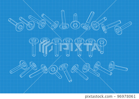Mechanical engineering drawings on blue background. Cutter, assembly tool with replaceable multi-faceted plate. Technical Design. Cover. Blueprint. Vector illustration. 96978061