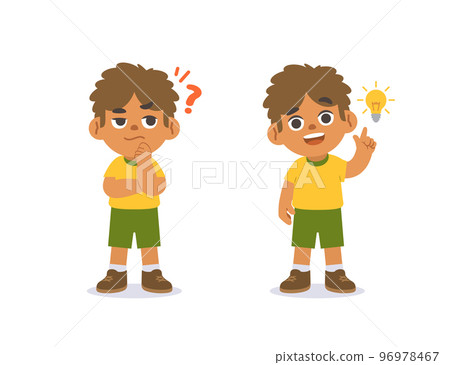 The black boy was confused, wondered, had a problem, and tried to answer and The girl figured out the answer to the problem. illustration cartoon character vector design on white background. 96978467