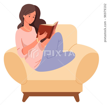 Woman read in cozy armchair. Hobby icon. Resting person Woman read in cozy armchair. Hobby icon. Resting person 96979102